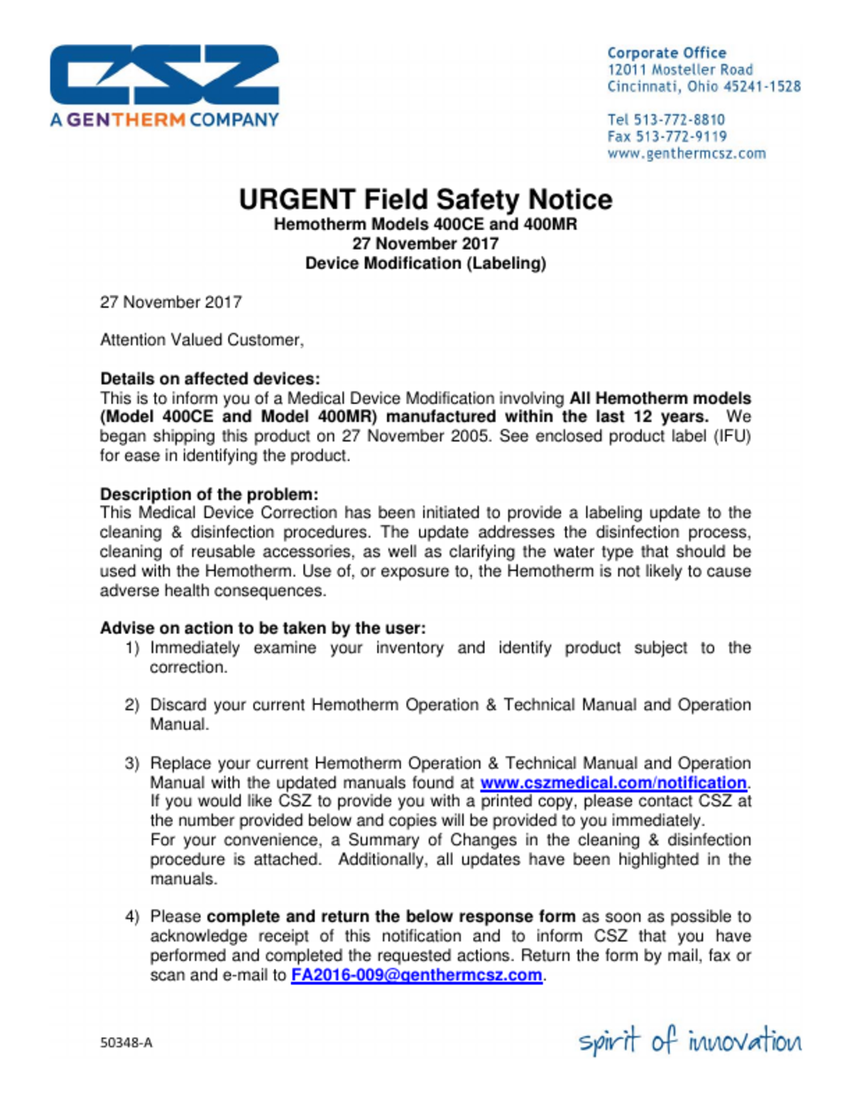 Recall Csz Hemotherm Models Ce And Mr Urgent Field Safety Notice